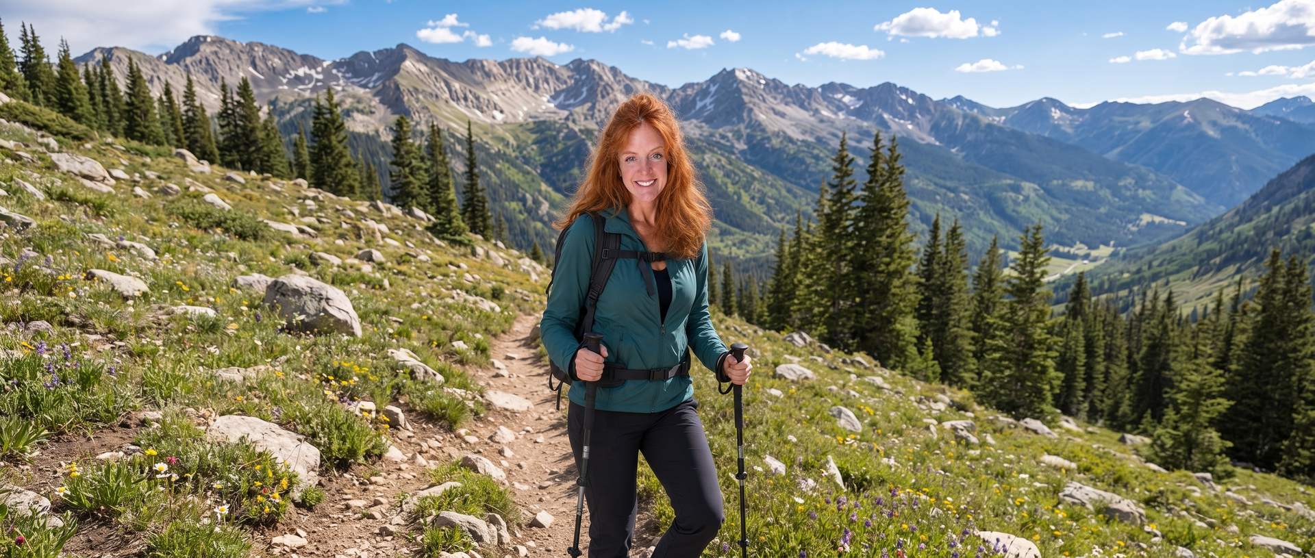 Annette Thompson on a mountain trail with trekking poles, wildflowers and pine forest around her and a wide valley behind.
