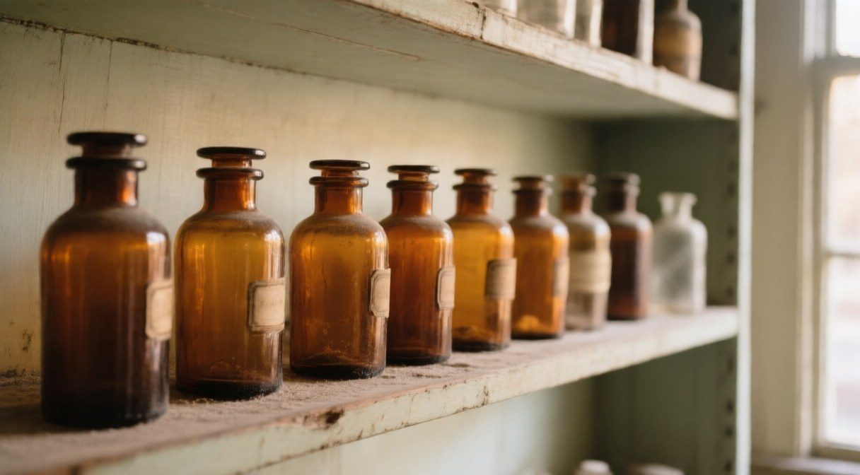 A row of dusty amber apothecary bottles with faded blank labels on an old wooden pharmacy shelf, lit from a window.