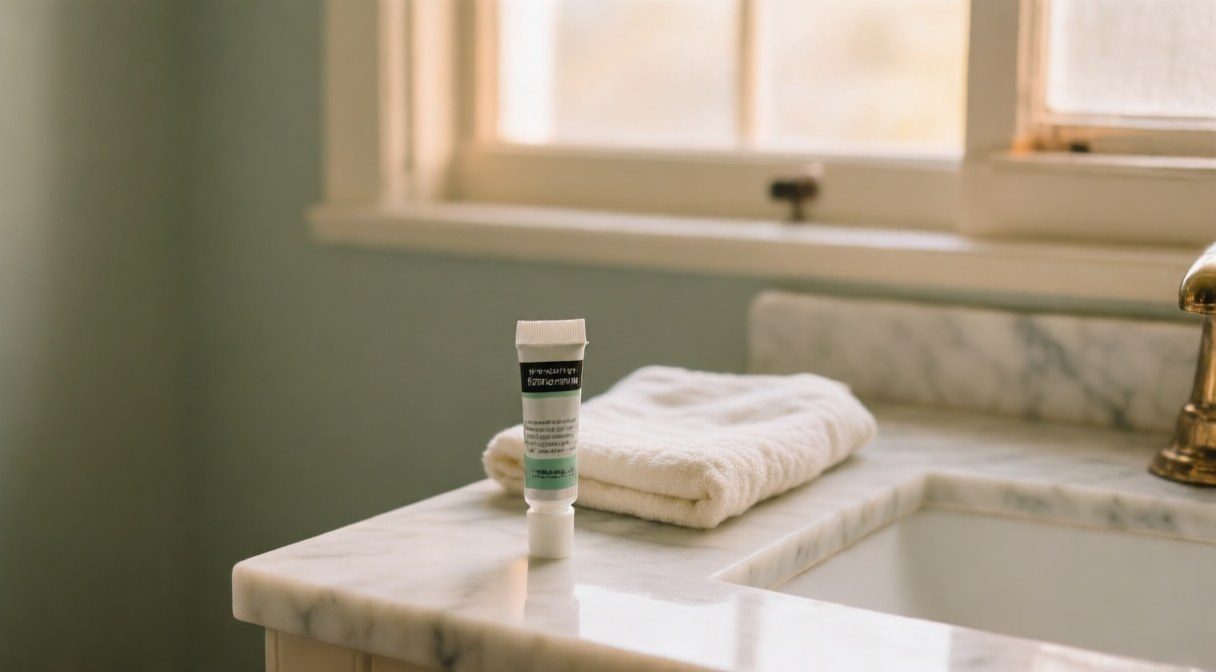 A small compounded hormone cream tube on a pale marble counter in morning light, representing dose as the thing that decides side effects.