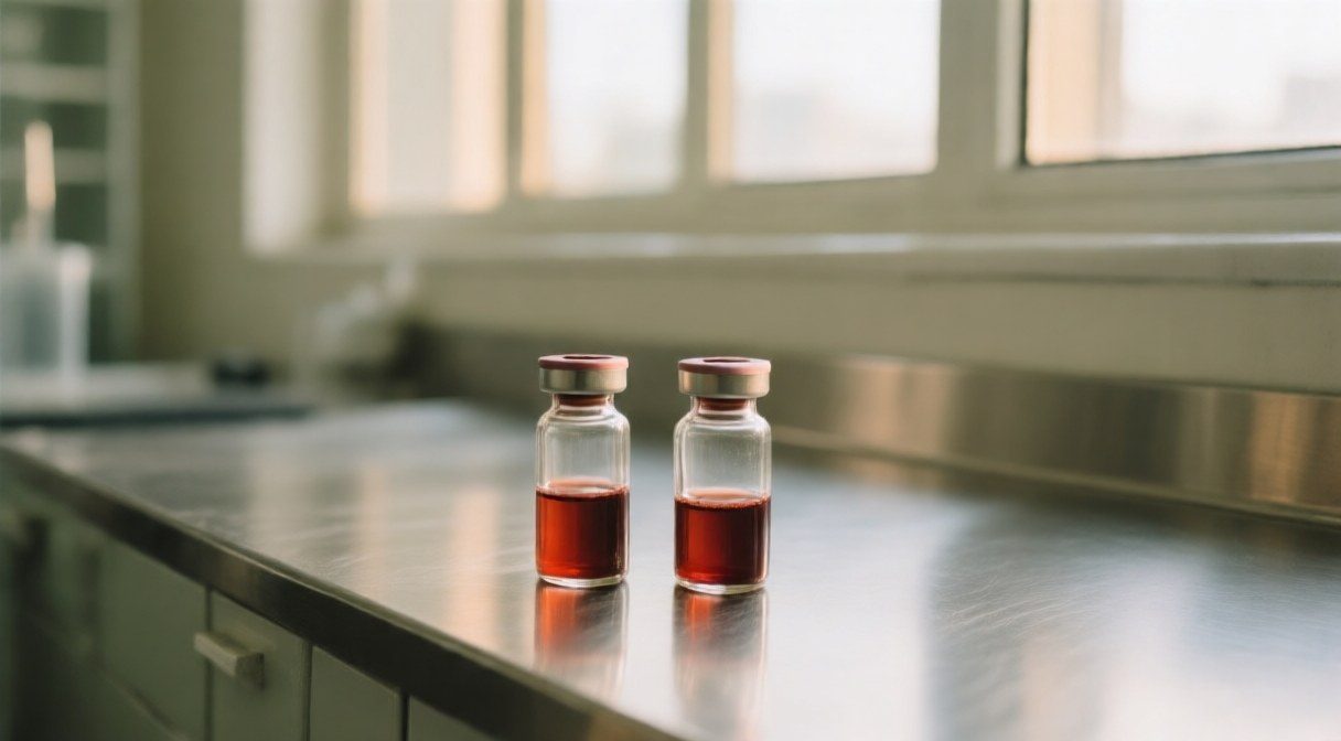 Two identical blood sample vials standing side by side on a stainless laboratory bench in daylight, representing one woman's sample read two different ways.
